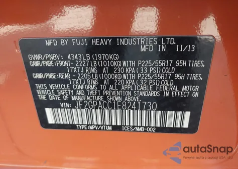 2014 Subaru Xv Crosstrek 2.0I Premium из США, поврежденный, VIN JF2GPACC1E8241730